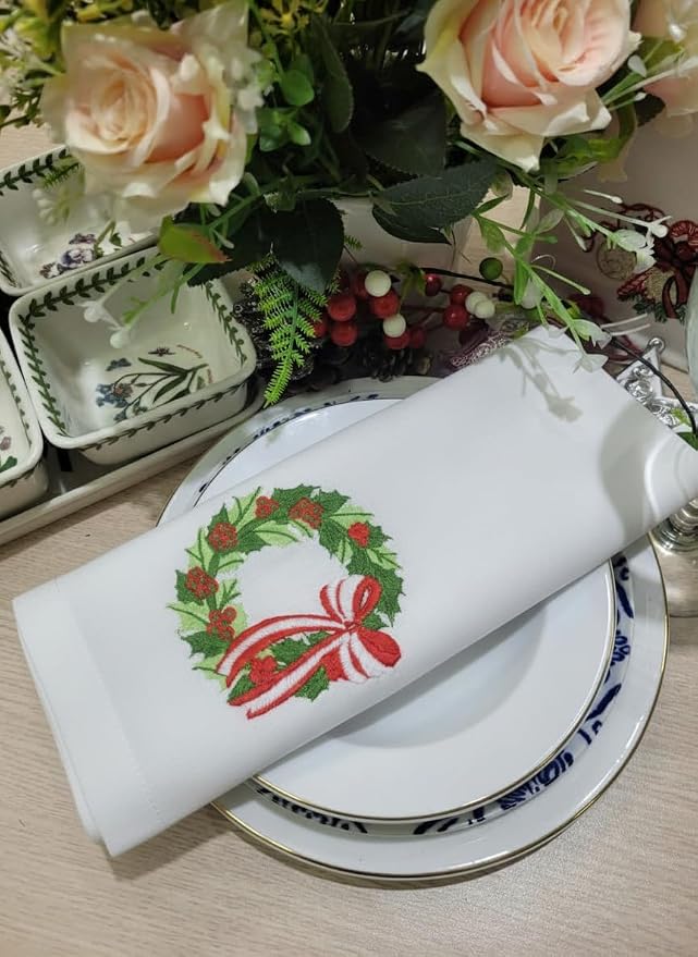 – Embroidered Cloth Napkin Holly Christmas Wreath Cotton Napkins Set of 6, 20 x 20”, Hemstitch Table Napkins, Machine Washable, Daily & Holidays, Great Gift Ideas - Image 4