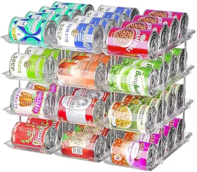 Can Organizer for Pantry, 4 Tier Stackable Rolling Can Storage Rack | Automatic Rolling, Modular Combination, Clear, Holds 48 Cans, Fits Cabinets, Pantry & Fridge, Easy Access, Space Saving by Attelite