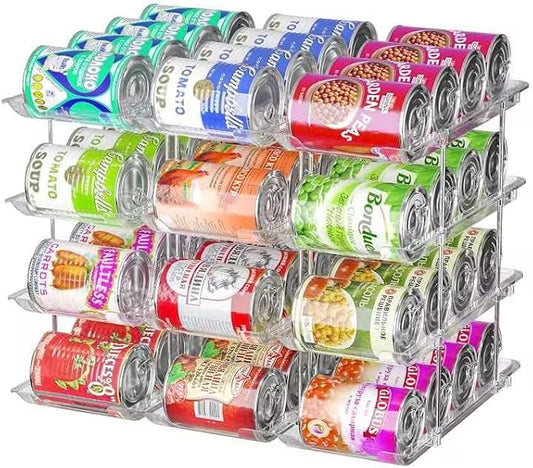 Can Organizer for Pantry, 4 Tier Stackable Rolling Can Storage Rack | Automatic Rolling, Modular Combination, Clear, Holds 48 Cans, Fits Cabinets, Pantry & Fridge, Easy Access, Space Saving by Attelite