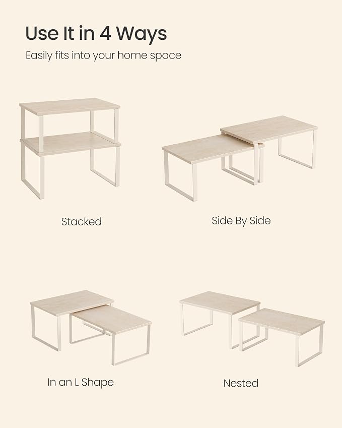SONGMICS Cabinet Organizer Shelf, Set of 2 Kitchen Counter Shelves, Kitchen Storage, Spice Rack, Stackable, Expandable, Metal and Engineered Wood, 11.7 Inches, Beige & Cream White UKCS020L01 - Image 4