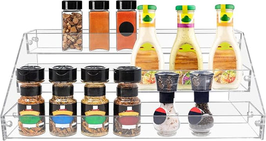 PMMASTO Tiered Spice Rack, Seasoning Organizer, Clear Acrylic Vertical Shelves Can Organizer for Countertop, Cabinet, Pantry, Kitchen Organization and Storage - 3 Tier by PMMASTO