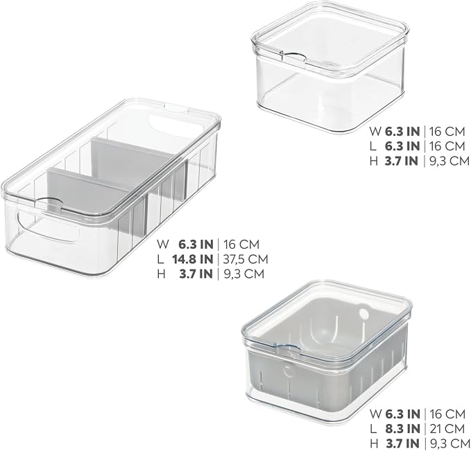iDesign Crisp 3-Piece Recycled Plastic Refrigerator Organizer Bin Set with Lids, Clear/Gray - Image 2
