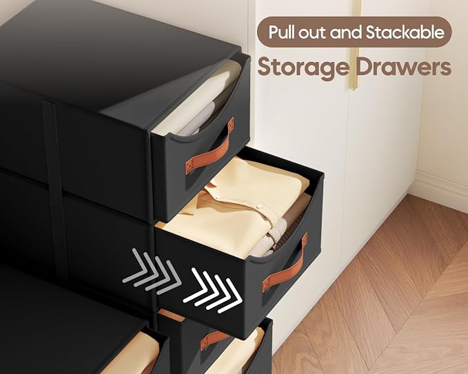 Stackable Storage Drawers - Collapsible Storage Bins with Drawers, 4 Pack Closet Shelf Organizer Basket, Fabric Pull Out Organizer for Bedroom, Living Room, Dorm, Black - Image 4