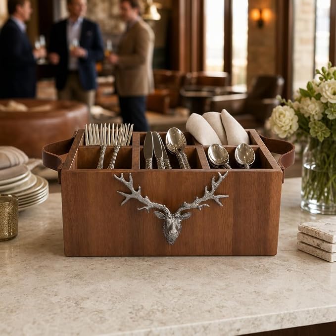 Elk Head Handles Wood Flatware Caddy with Pewter Accents - Rustic Utensil Organizer for Home Decor - 13" Long - Image 8