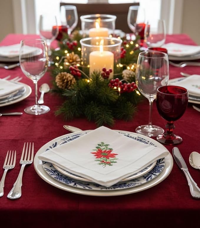 Embroidered Cloth Napkin Poinsettia and Holly Christmas Cotton Napkins Set of 6, 20 x 20 Hemstitch Table Napkins Machine Washable, Daily & Holidays, Great Gift Ideas - Image 4