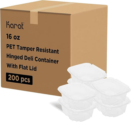 Karat 16oz PET Tamper Resistant Hinged Deli Container [200 ct] - Plastic Clamshell Food Containers, Easy Open Pull-Tab for Restaurants & Takeout by Karat