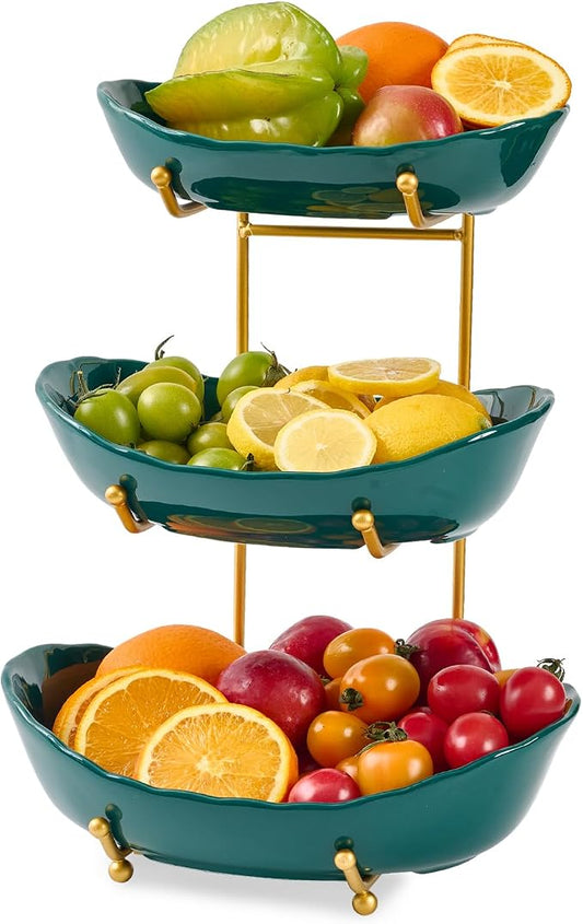3 Tier Ceramic Fruit Bowl for Kitchen Counter | Tiered Fruit Basket for Countertop, Serving Tray for Food, Vegetable, Cake, Dessert in Party(Dark Green) by Unknown
