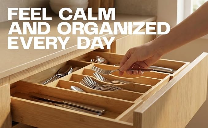 Expandable Bamboo Silverware Drawer Organizer, Utensil Holder Tray | 6 Compartments, 3 Movable Dividers, Fits 11.9-20.8 in Wide, Non-Slip Base, Cutlery & Flatware Caddy for Kitchen, Bath, Office - Image 9