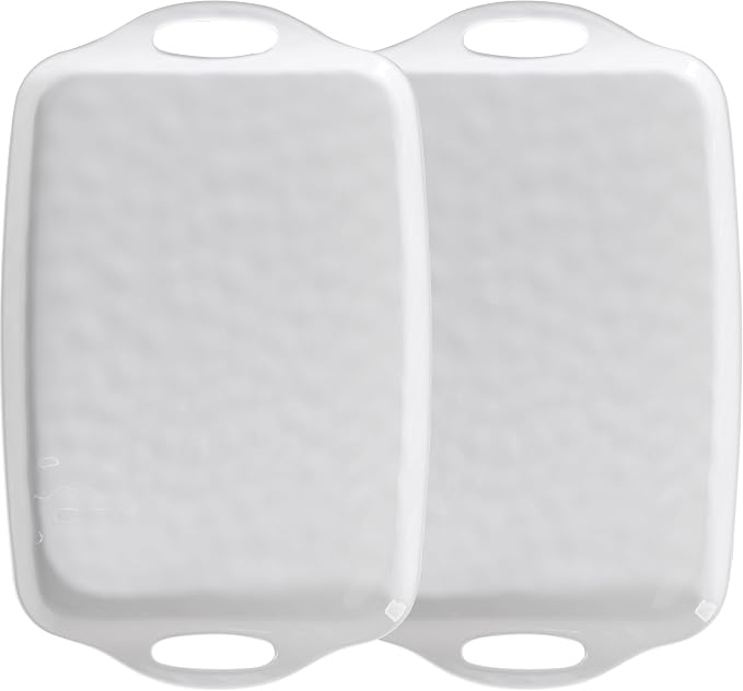 Large Serving Tray with Handle, 19”x12” Rectangular Melamine Serving Platters, Set of 2, Kitchen Food and BBQ ServingTray, Breakfast Tray, Dishwasher Safe, Bright White by ZAROCRUS