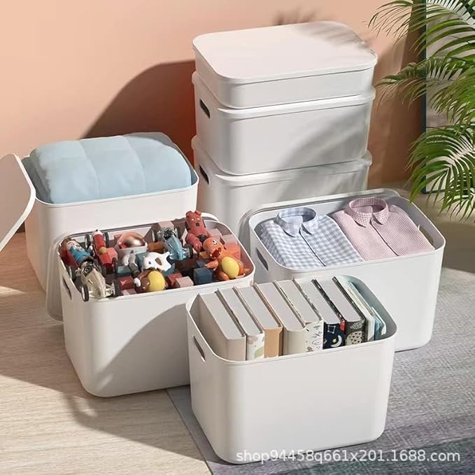 4 Piece Plastic Storage Baskets Boxes with Lids,11.8 x 8 x10 Inch Stackable Organizing Bins with Handles,White Versatile Containers for Pantry,Bathroom,Closet Shelves Desktop (White, 4XL) - Image 3