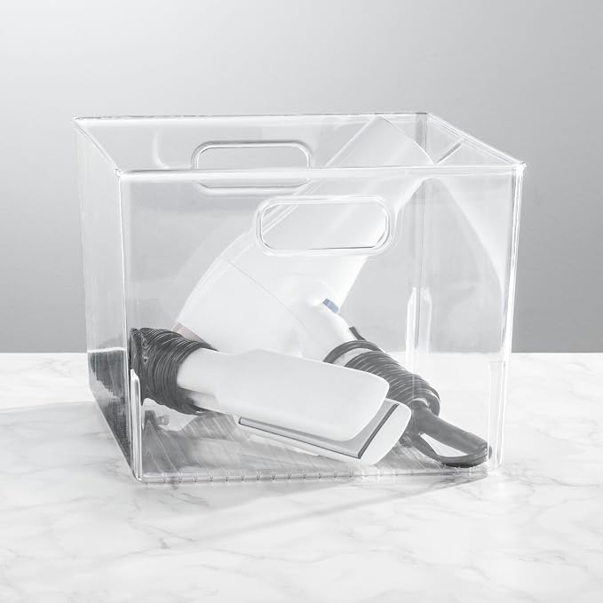 mDesign Large Modern Stackable Plastic Storage Organizer Bin Basket with Handles for Bathroom Vanity Organization - Shelf, Cubby, Cabinet, or Closet Organizing Decor - Ligne Collection, 8 Pack - Clear - Image 2