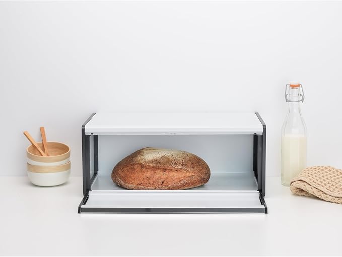 Brabantia Rectangular Fall Front Bread Box | White | Large Metal Front Opening Bread Store for Kitchen Countertop | Flat Top for Extra Storage, Magnet Closing Lid | Fits 2 Loaves - Image 6