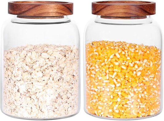 Glass Storage Jars with Airtight Lids, Set of 2 42 FL OZ (1250ml) coffee container with Wooden Lid, Glass Pantry Canister for Beans, Rice, Sugar and etc (6.3 inch high) by LEAVES+AND+TREES+Y