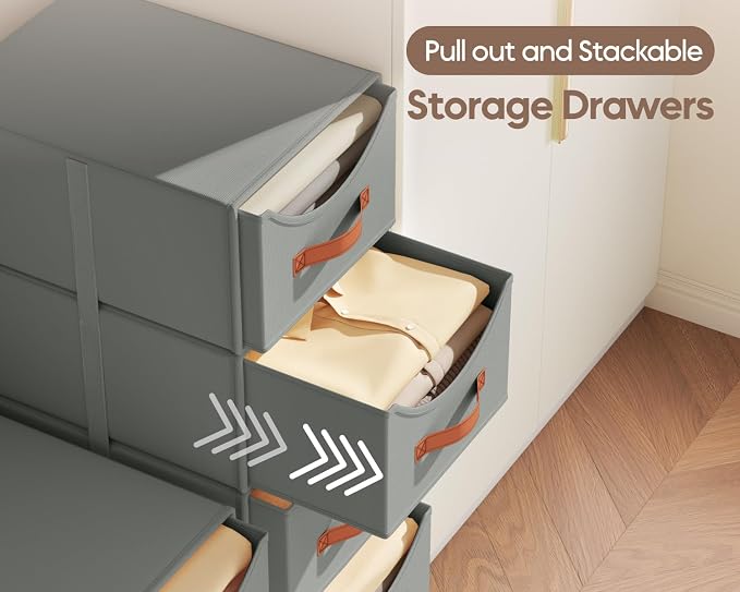 Stackable Storage Drawers - Collapsible Storage Bins with Drawers, 4 Pack Closet Shelf Organizer Basket, Fabric Pull Out Organizer for Bedroom, Living Room, Dorm, Grey - Image 4