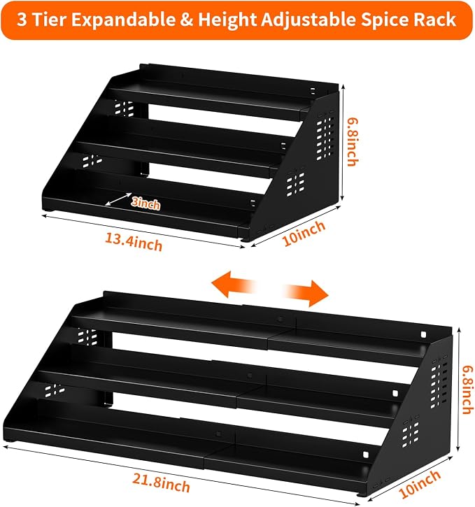 RCHYFEED 3 Tier Spice Rack Organizer for Cabinet,Expands 13.4 to 21.8 Inch | Black, Height Adjustable Metal Spice Rack, Display Shelf Ideal for Cabinet, Countertop and Pantry Spice Organization - Image 3