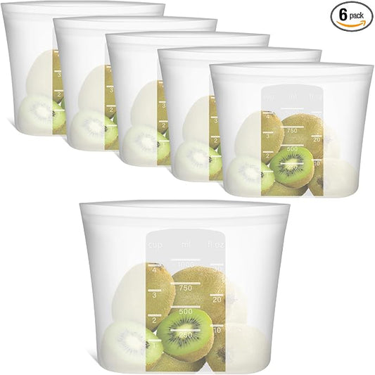 100% Silicone Reusable Storage Bag Quart Size, 6 Pack Stand-Up Wide-Mouth Zip-Lock Food Storage Bags, Easy-Fill Easy-Open Easy-Clean Space-Saving, Microwave & Dishwasher Safe, 34oz, Translucent by Annaklin