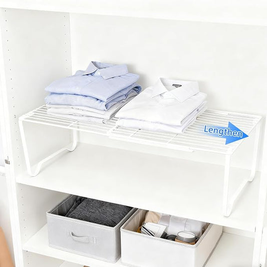 Extendable Metal Wire Shelf Organizer - Adjustable 15-24.4in Length, Stackable Storage Rack for Kitchen, Pantry, Bathroom, Shoe Cabinet & Tool Closet (1 Pack, White) by JBESUHI