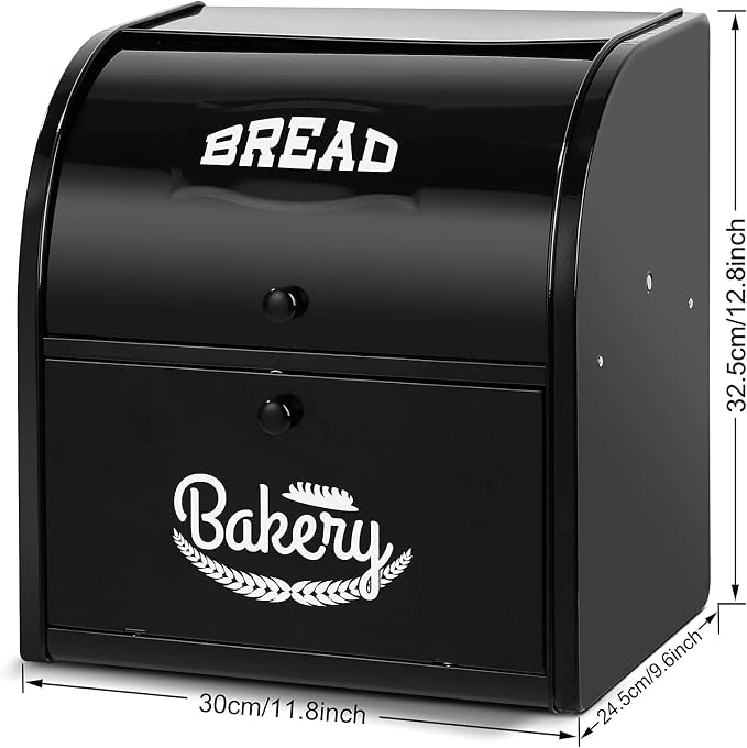Stainless Steel Bread Box, 2 Layer Roll Top Bread Boxes, Large Capacity Food Storage Container for Kitchen Counter, Metal Bread Bin, Bread Holder for Countertop 12.6" x 9.7" x 12.8" (Black) - Image 4