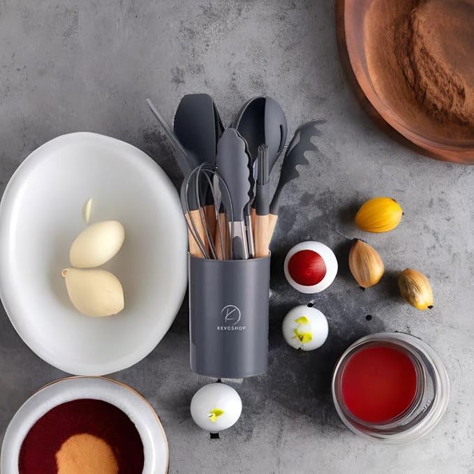 Deluxe 12-Piece Silicone Kitchen Utensils Set with Durable Cooking Tools - Heat Resistant Nonstick Cookware Essentials, Includes Spoon, Spatula, Ladle, and Utensil Set Holder (Dark Grey) - Image 4