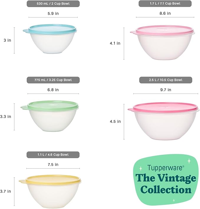 Tupperware Heritage Wonderlier 10 Piece Food Storage Bowl Set in Vintage Colors- Dishwasher Safe & BPA Free - (5 Containers + 5 Lids) - Image 3