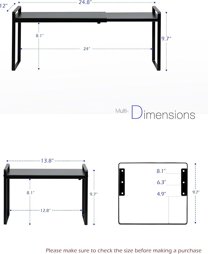 Nxconsu Cabinet Shelf Riser, Adjustable Cabinet Organizer, 12" Deep Black | Heavy-Duty Metal Expandable Shelf Holds 50 lb with 3 Height Levels for Kitchen Cabinet Cupboard Pantry Dish Mug - Image 3