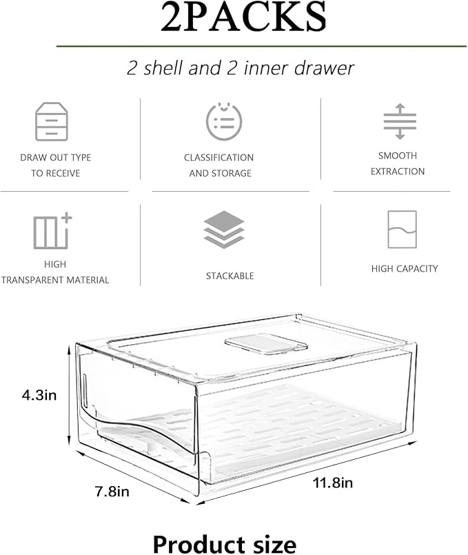 Refrigerator Organizers and Storage, 2 Packs Large Capacity Stackable Fridge Organizer, Reusable Food Storage Containers, Fridge Drawer Organizer in Home Kitchen, Restaurant, Barbecue Shop, BPA-Free - Image 4