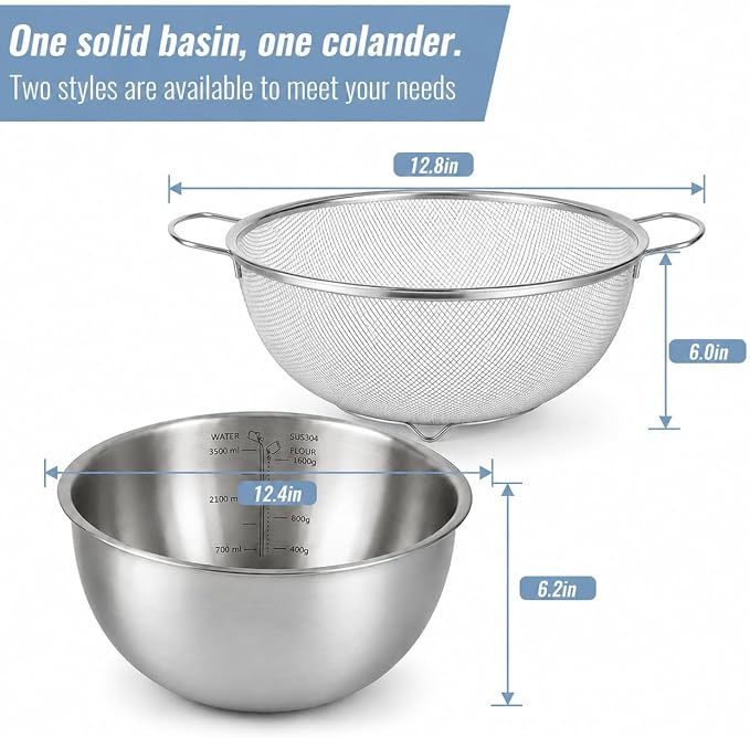 18/8 Stainless Steel Fine Mesh Colander Set, 3.5Qt | Includes 1 mixing bowl with built-in measurement marks and 1 fine 20-mesh strainer for rinsing, mixing, and draining. - Image 2