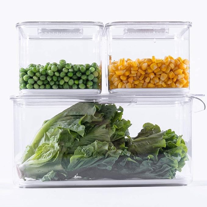 Slideep Food Storage Containers Produce Saver with Lids, Stackable Refrigerator Freezer Organizer Bins with Removable Drain Tray, Fridge Fresh Keeper for Veggie, Berry, Fruits, Vegetables 3 Pack - Image 3