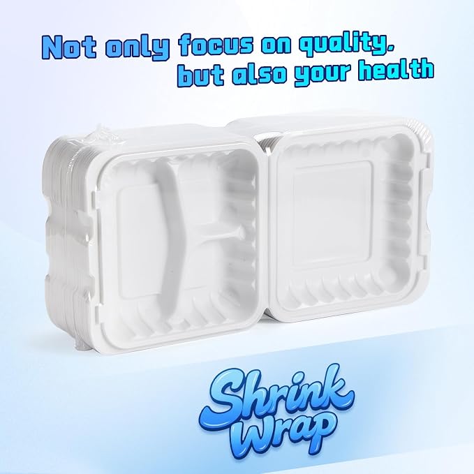 YANGRUI 55-Pack 34oz 8" White Meal Prep Boxes - Shrink Sealed No Pre-Wash | 3-Compartment | Factory Direct Heavy Duty Mineral PP, Microwave Safe | Portion Control for Nutrition & Weight Management - Image 2