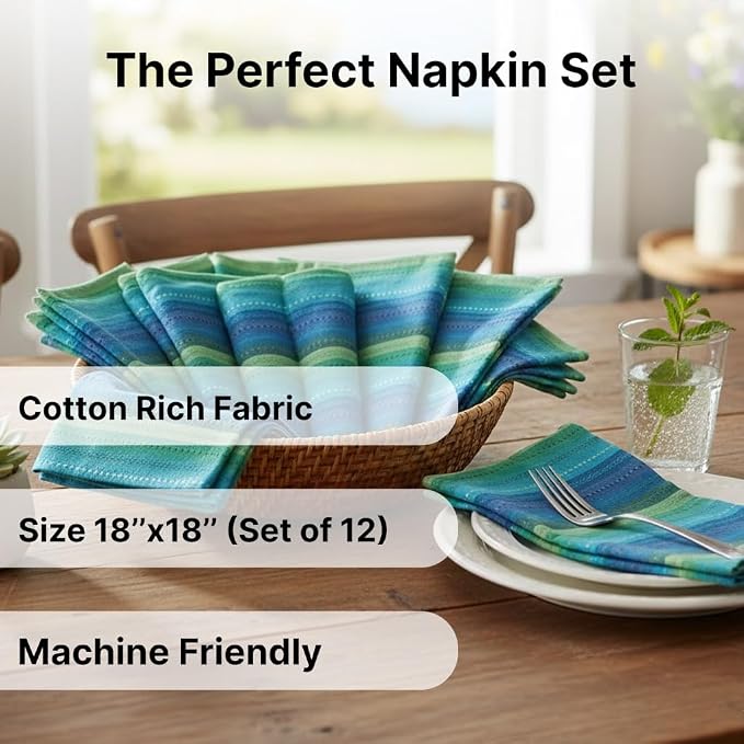 LFH Home Cotton Rich Cloth Salsa Napkin Set of 12 Washable Soft Durable Striped Table Napkins for Dining Wedding Daily Use Reusable Eco-Friendly Fabric Napkins for Elegant Settings(18x18)-Blue Multi - Image 2