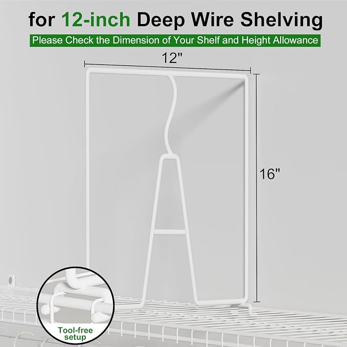 SortNStore Wire Shelf Dividers for Closet: Tall 16in x Deep 12in, 6 Pack | Wire Rack Accessories - Adjustable Purse Organizer for Sweaters Clothes Towels- Metal Linen Closet Pantry Separators - Image 2