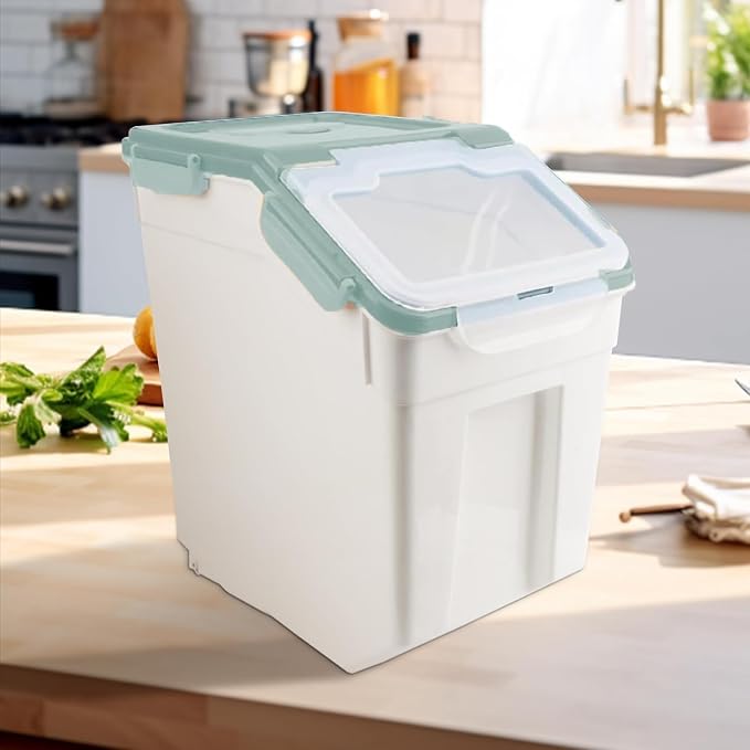 Rice Storage Container 2 Pack 50 lb Flour Storage Container with Wheels, BPA Free Food Storage Container with Measuring Cup Dog Cat Food Bin Set for Dry Food Sugar, Cereal-Green - Image 2