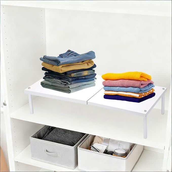 Extendable Metal Shelf Organizer - Adjustable 14.6-24.4in Length, Stackable Storage Rack for Kitchen, Pantry, Bathroom, Shoe Cabinet & Tool Closet (2 Pack, White) - Image 4