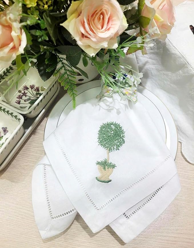 Embroidered Cloth Napkin Herb Tree Cotton Napkins Set of 6, 20 x 20 Hemstitch Table Napkins Machine Washable, Daily & Holidays, Great Gift Ideas - Image 3
