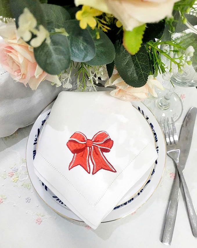 Embroidered Cloth Napkin Red Bow Cotton Napkins Set of 6, 20 x 20 Hemstitch Table Napkins, Machine Washable, for Daily & Holiday Dining, Great Gift Ideas - Image 5