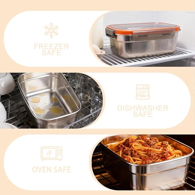 Pack of 2 Stainless Steel Food Storage Containers with Lid, 1100 ml + 360 ml, Food Storage Box, for Picnic and Travel, Reusable and Stackable - Image 3