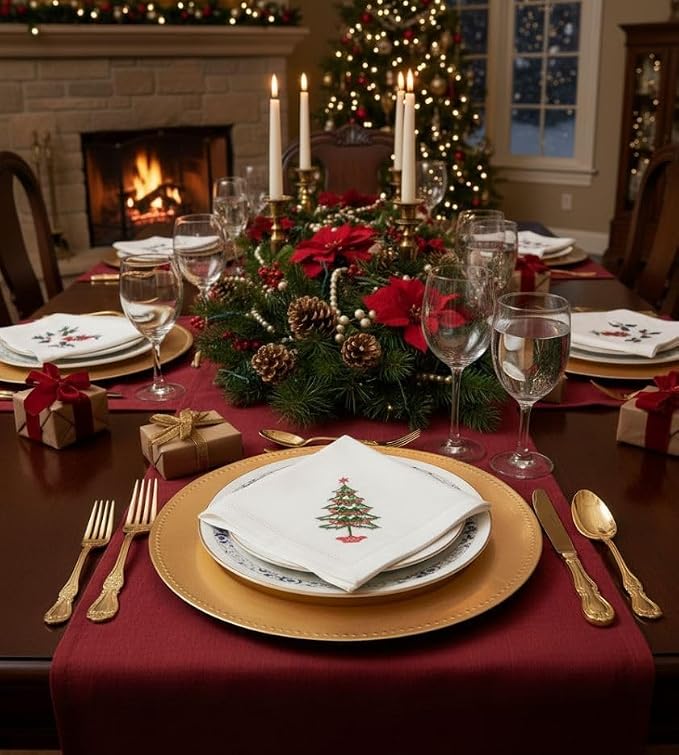 Embroidered Cloth Napkin Christmas Tree Cotton Napkins Set of 6, 20 x 20 Hemstitch Table Napkins, Machine Washable, Daily & Holidays, Great Gift Ideas - Image 3