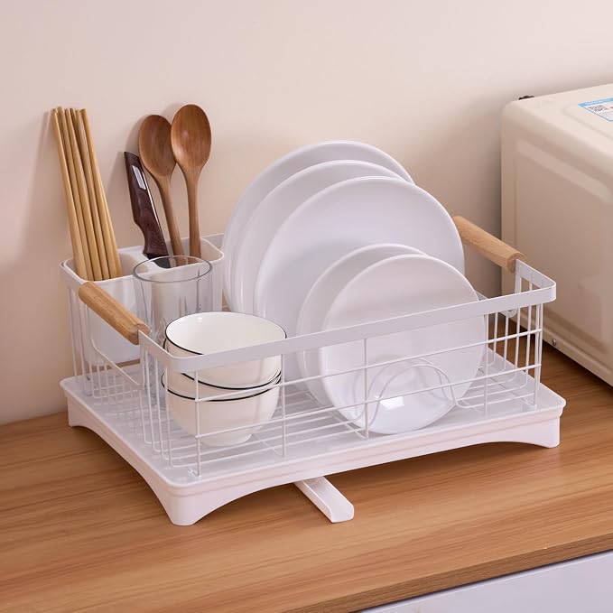 Dish Drainer Rack - Plate, Cutlery, Pots, and Pans Drying Rack for Kitchen with Beechwood Handles - Modern Retro Design Drip Tray with Metal Rack - White - Image 6
