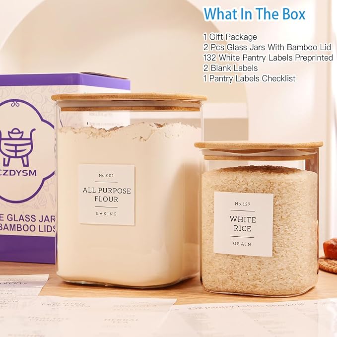 2 Pack large Square Glass Flour and Sugar Containers with 132 Kitchen Pantry Labels - 110 floz & 51 floz - Glass Jars with Airtight Bamboo Lid - Glass Rice Canisters for Coffee, Pasta, Cookie, Cereal - Image 2