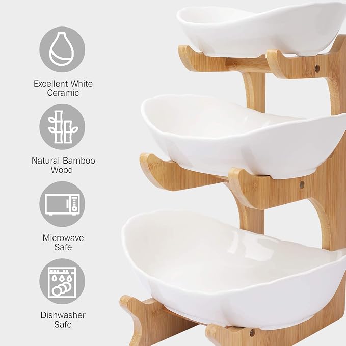 YYW 3 Tier Ceramic Fruit Basket with Bamboo Wood Stand for Kitchen Counter | Large Capacity Porcelain Fruit Bowl for Storing Fruits, Vegetables, Bread, and Snacks. Durable and Stylish Kitchen Storage - Image 4