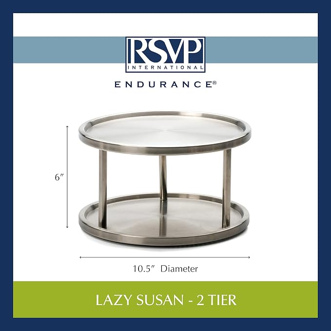 RSVP International Two-Tier Turntable Lazy Susan | Handy in Cabinet, Refrigerators & Counters | Organize Spices, Canned Foods, Pots, Pans, Dinnerware, 10.5" x 6", Stainless Steel - Image 8