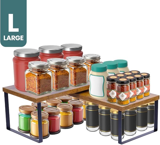 Sben Cabinet Organizer Shelf, Set of 2 Kitchen Counter Shelves, Kitchen Storage, Spice Rack, Stackable, Expandable, Metal and Engineered Wood, Ink Black and Rustic Brown - Image 4
