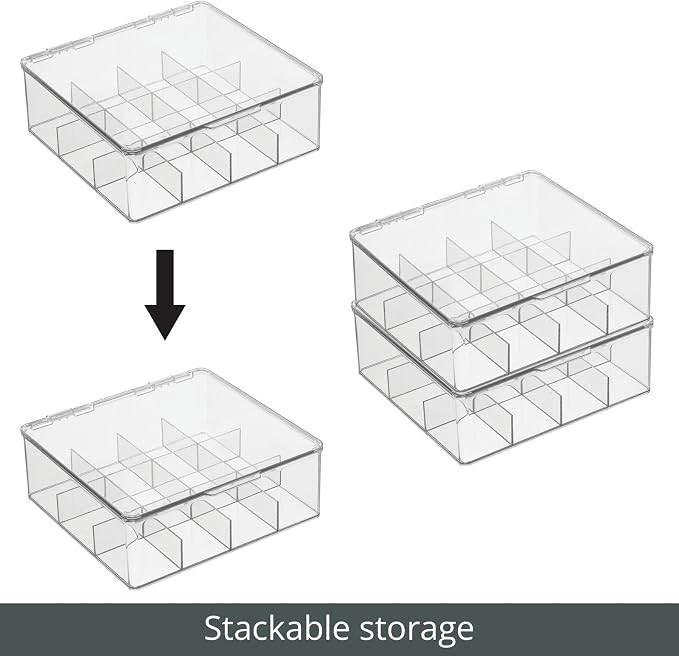 mDesign Plastic Kitchen Organiser — Practical Storage Box with 12 Compartments and Hinged Lid — Pantry Storage Box with Lid for Tea, Coffee, Spices and Other Foodstuffs — Clear - Image 4