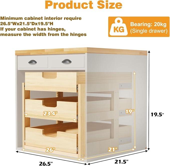 Pull Out Cabinet Organizer, 26''W×21''D Sliding Drawers for Cabinets, 3 Tier Soft Close Slide Out Wooden Pull out Drawers, Base Cabinet Organization for Kitchen, Pantry, Bathroom. - Image 3