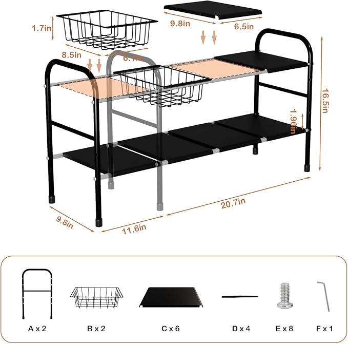 HCSH&WILL 2 Pack Under Sink Organizer, 2 Tier Expandable Black Under Cabinet Storage Shelf with 6 Removable Panels and 2 Baskets, Expandable Shelf for Cupboard, Kitchen, Bathroom, Shoe Rack - Image 3