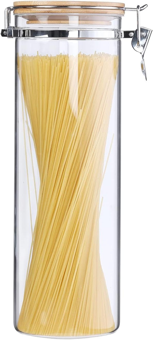 KKC 68oz Glass Spaghetti Container with Airtight Bamboo Clamp Lid - 2000ml Tall Pasta Storage Jar & Long Noodle Holder Keep Fresh Dispenser for Kitchen Pantry Storage Organization by KKCHOMEACCENTSGmbH