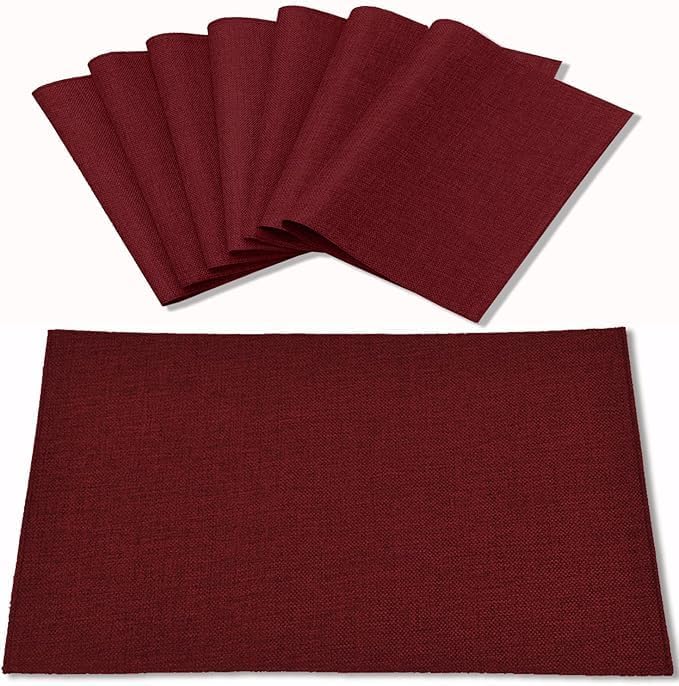 Cloth Placemats Set of 8, Linen Type Fabric Placemats Machine Washable Heat Resistant Placemats Wrinkle Free Thick Polyester Kitchen Place Mats for Dining Table (Burgundy) by Rinpon