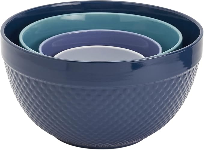 Tabletops Gallery Hobnail Style 4 Piece Blue Storm Stoneware Nesting Mixing Bowl Set for Baking and Cooking - Image 3