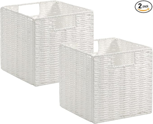 Wicker Storage Basket, Set of 2 Hand-Woven Wicker Baskets for Organizing, Foldable Cube Storage Basket Bins, 13 Inch Large Wicker Storage Baskets for Shelves & Decor, White (13''x13''x13'') by Vagusicc
