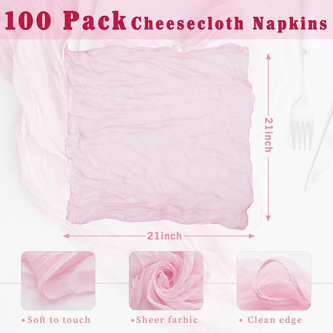 100 Pack Light Pink Cloth Napkins 21x21 Inches Light Pink Cheesecloth Napkins Set of 100 Washable Dinner Table Napkins for Wedding Summer Bridal Baby Shower Rustic Boho Cotton Gauze Party Table Decor - Image 3